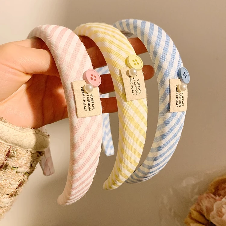 小清新可爱粉色纽扣条纹发箍女洗脸日常外戴发饰压发头箍春季新款
