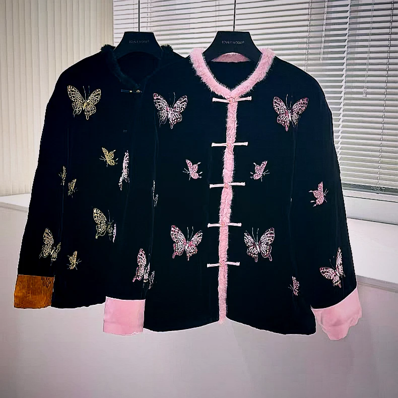 （刺绣棉服）常规款V领美观秋季直下摆短外套唐装女士重工秋冬
