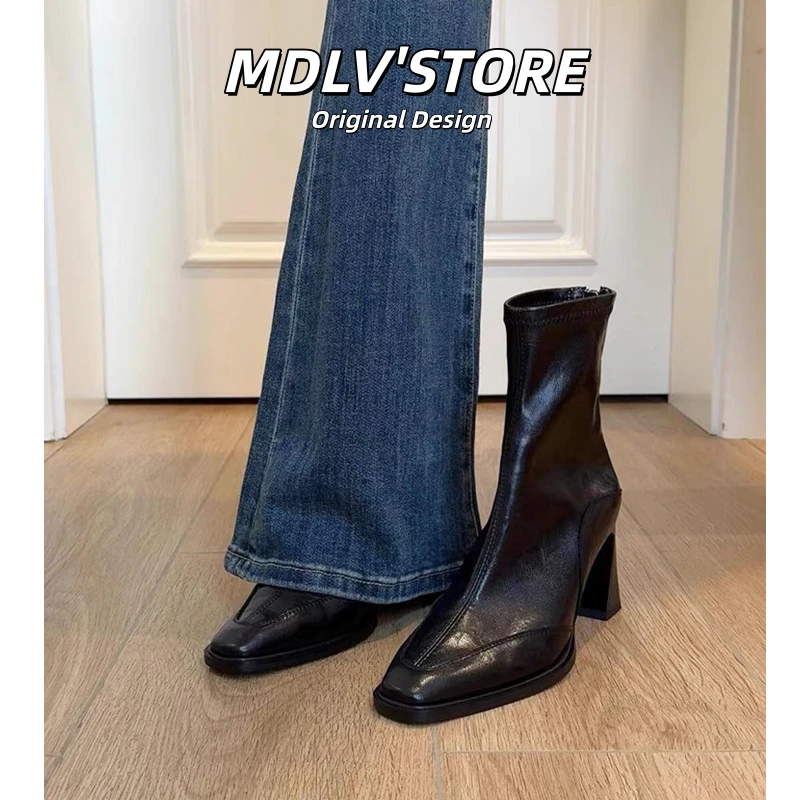 软真皮高跟短靴女2025秋冬新款方头马丁靴女黑色加绒粗跟瘦瘦靴子