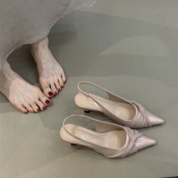 NQL-2988-23法式尖头后空单鞋包头凉鞋蝴蝶结后绊带细跟晚晚高跟