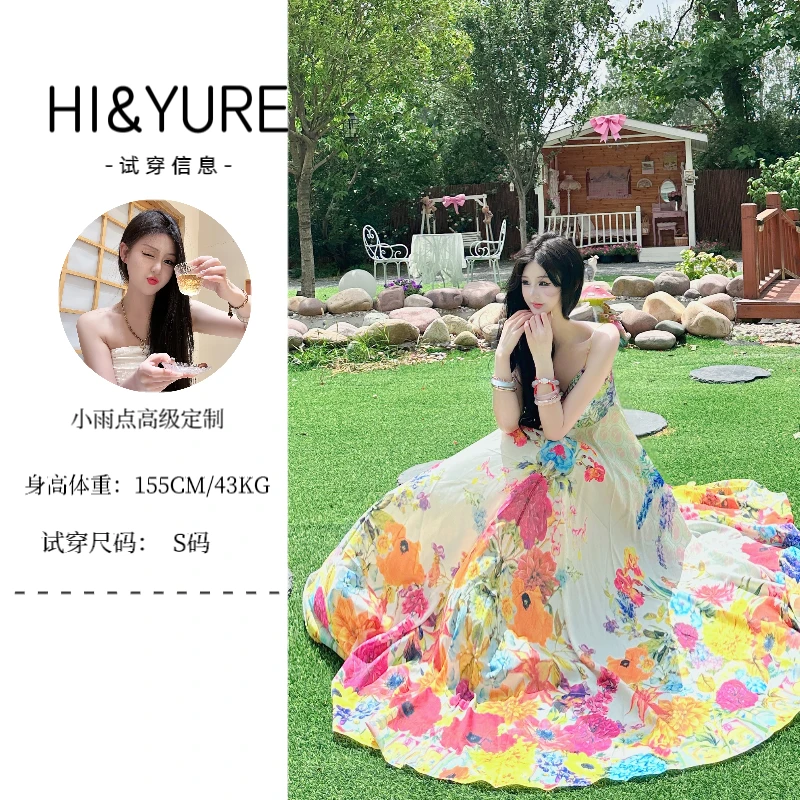 ◤小雨◢彩色碎花v领吊带连衣裙女夏季裙子海边度假风a字长裙