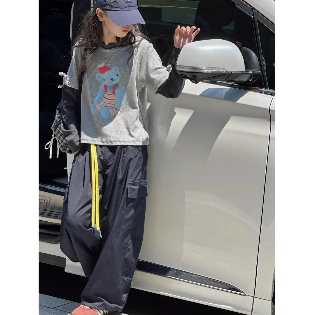 秋季新款女童小熊假两件拼接百搭T恤zb6125