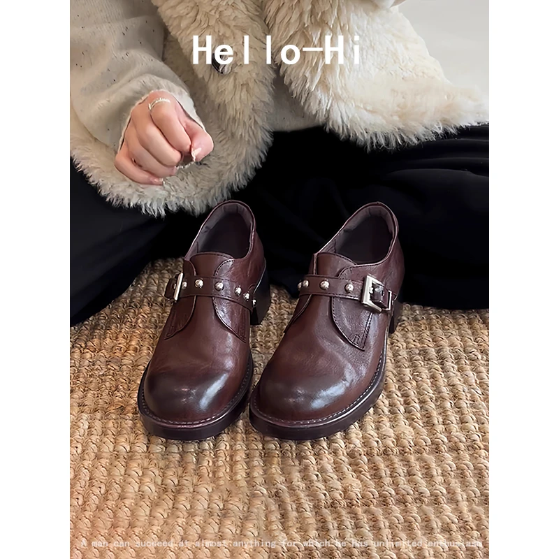 羊皮版~复古皮带扣增高5CM乐福鞋女2025秋冬百搭擦色铆钉粗跟单鞋