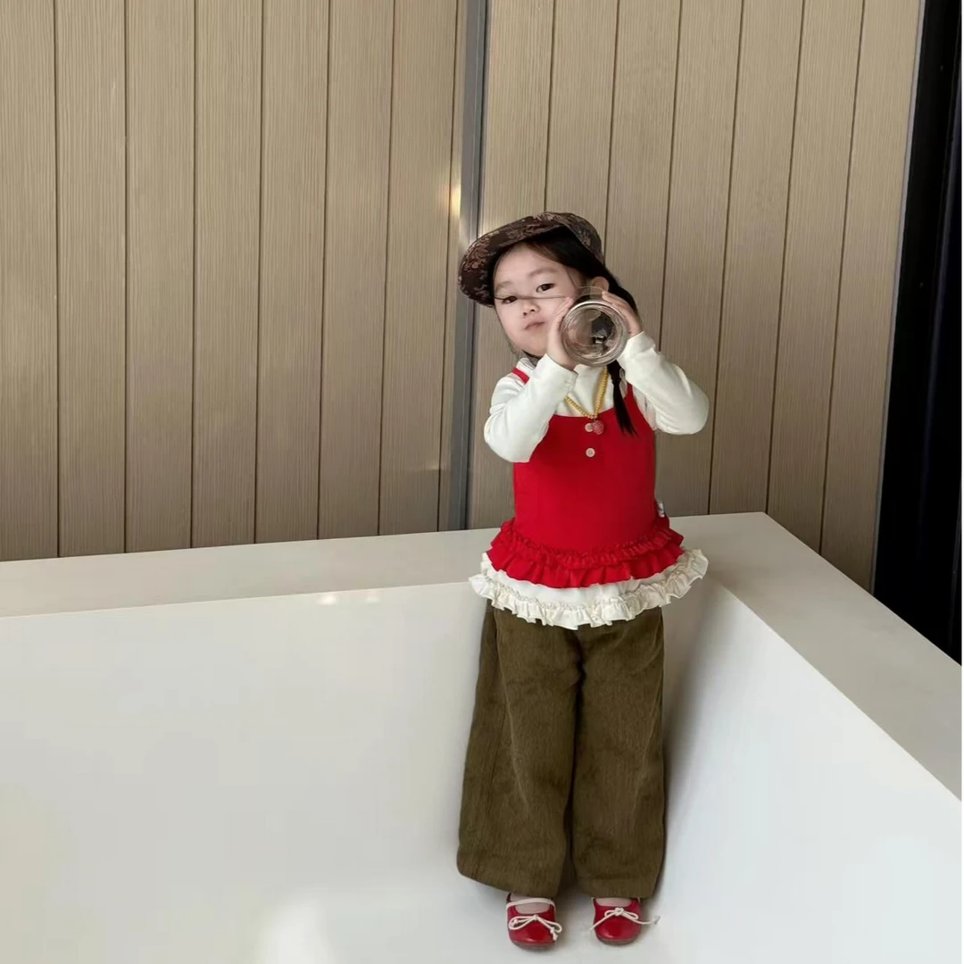 壹妈韩版童装女童秋冬套装洋气儿童红色拼接花边吊带两件套直筒裤