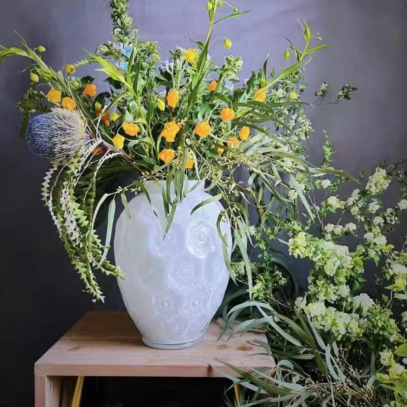 莱利浮雕艺术水晶玻璃客厅插花摆件装饰欧式高级感银莲花瓶