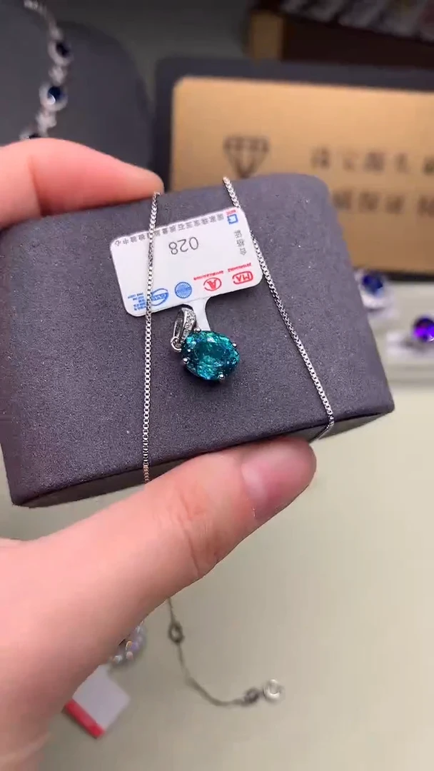 颈饰银S925镶嵌帕拉依巴碧玺蓝绿