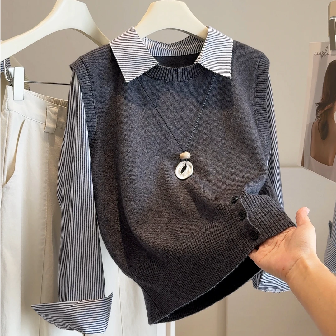 2025秋冬新款设计感假两件针织衫时尚马甲叠穿条纹衬衫女减龄上衣