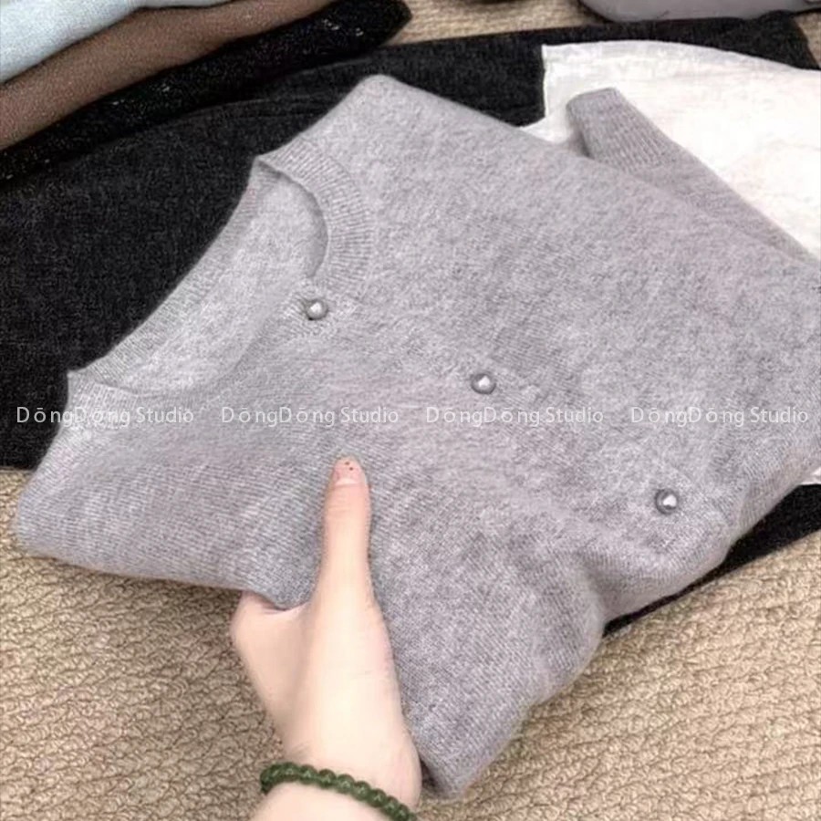 特！售完无补！珍珠扣蜜熊开衫圆领纯色百搭宽松长袖毛衣外套