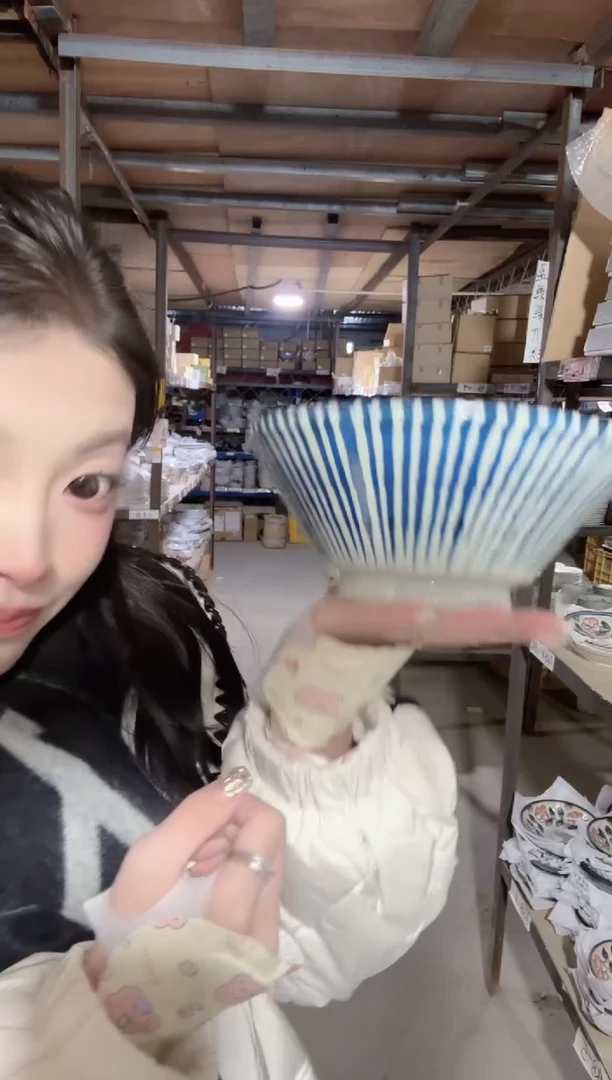 陶瓷千段十草蓝纹19cm斗笠面碗一个