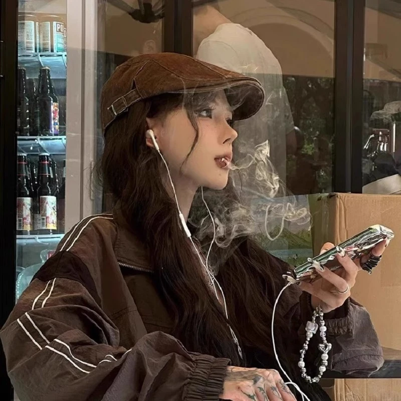 美式复古咖色牛仔前进帽女夏y2k亚比帽子美拉德鸭舌帽棕色贝雷帽