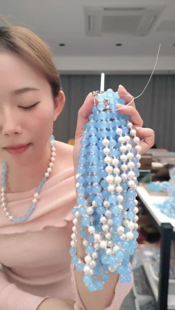 颈饰未镶嵌淡水珍珠1723白蓝色毛衣链