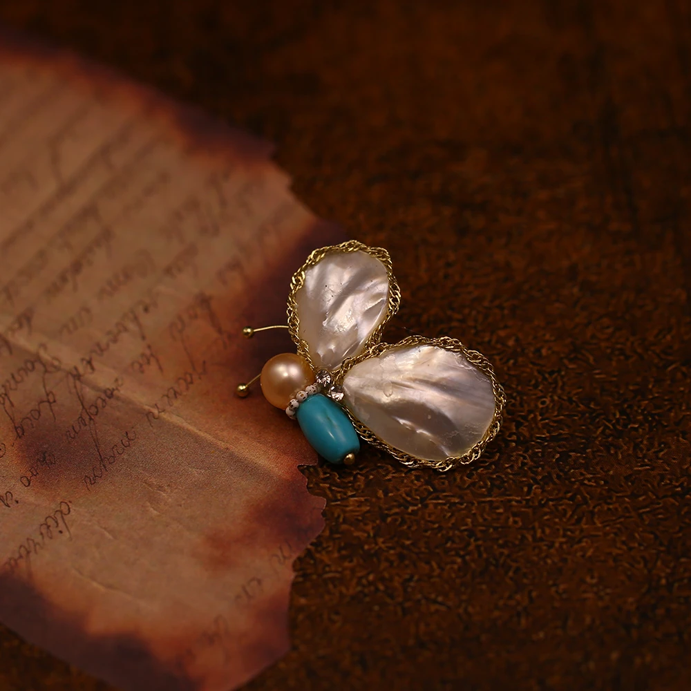 铜合金贝壳胸针 贝壳蝴蝶高级感手工复古【福*蝶】 胸针-8813简约