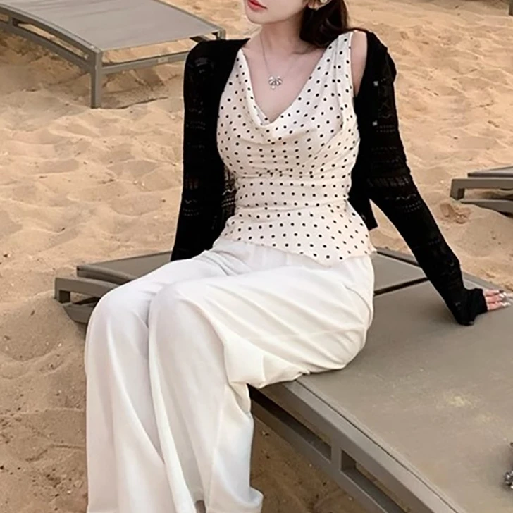 大姐姐套装气质通勤白色休闲裤/波点针织上衣短袖T恤阔腿裤夏季女