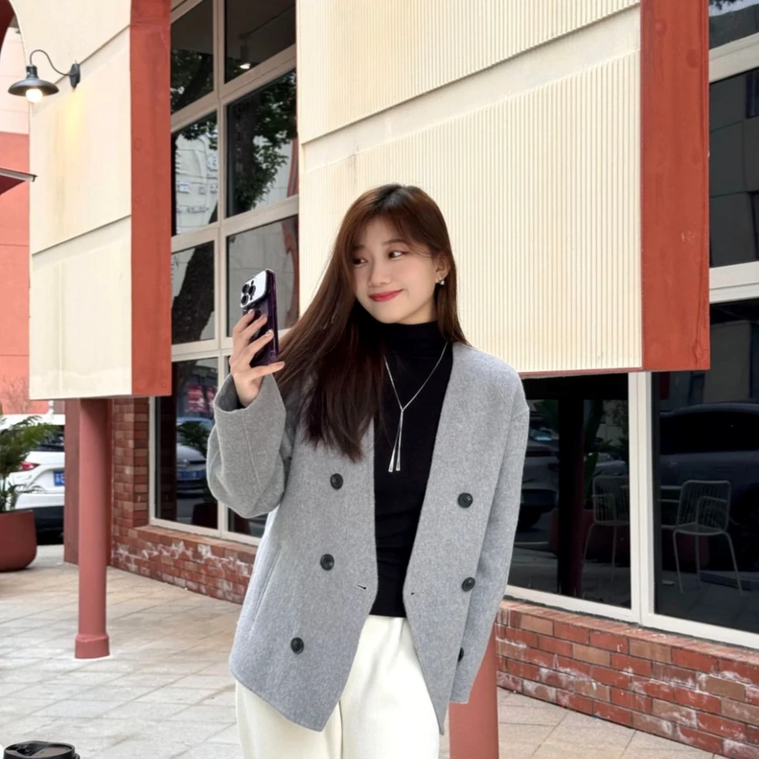 双面呢小香风双面羊毛大衣女短款气质英伦风宽松呢子羊毛A8953