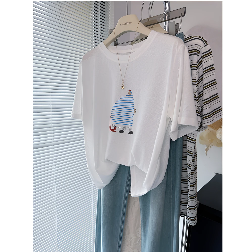夏季凉爽宽松显瘦复古欧美卡通人物印花雪花棉白色ins短袖T恤女薄