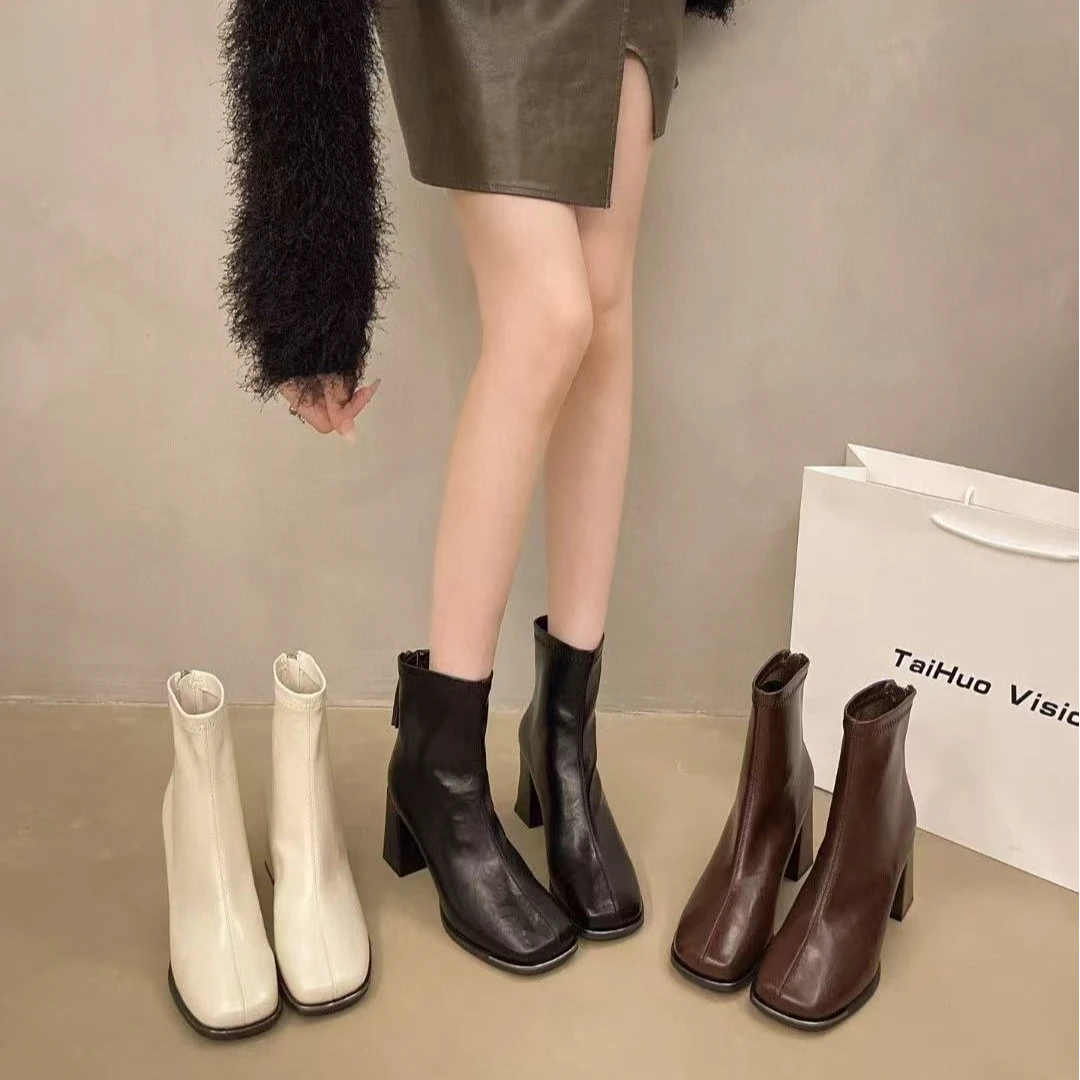 一L秋冬新款韩版通勤瘦瘦简约粗跟裸靴短靴1903-2(加绒)