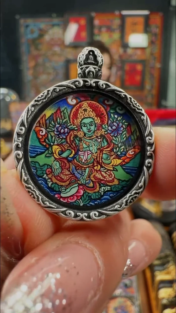 吊坠壹善缘城手绘唐卡绿度2.0银壳双面