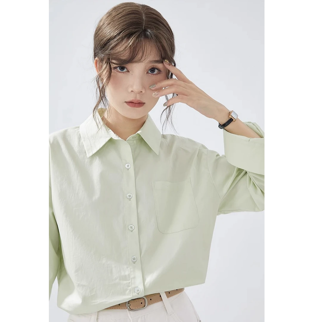 GUIER/桂儿薄荷绿翻领长袖衬衫女宽松显瘦休闲百搭polo衬衣WY0626