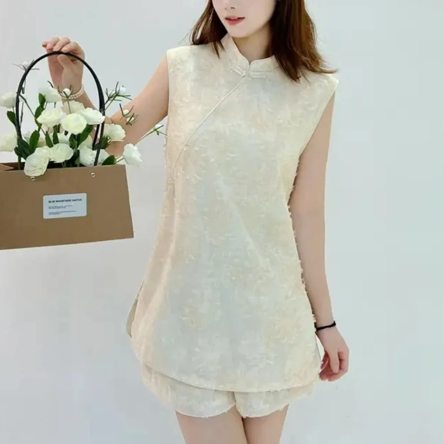 衣源5108#新中式盘扣国风衬衫高腰短裤两件套(衣长约72裤长约39）