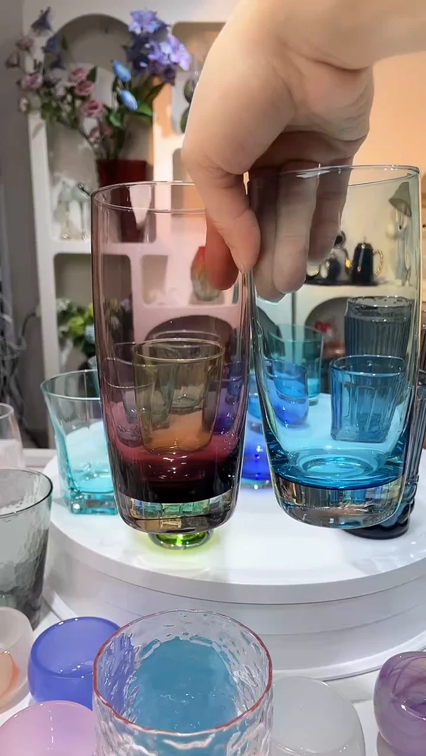 【闪购商品】水晶玻璃1紫1蓝原色高杯厚底