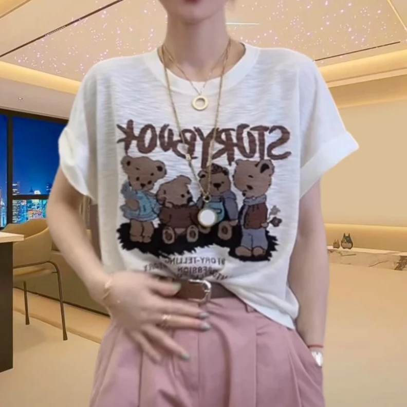 【小熊竹节棉】气质宽松印花t恤上衣女洋气减龄印花短袖休闲百搭款