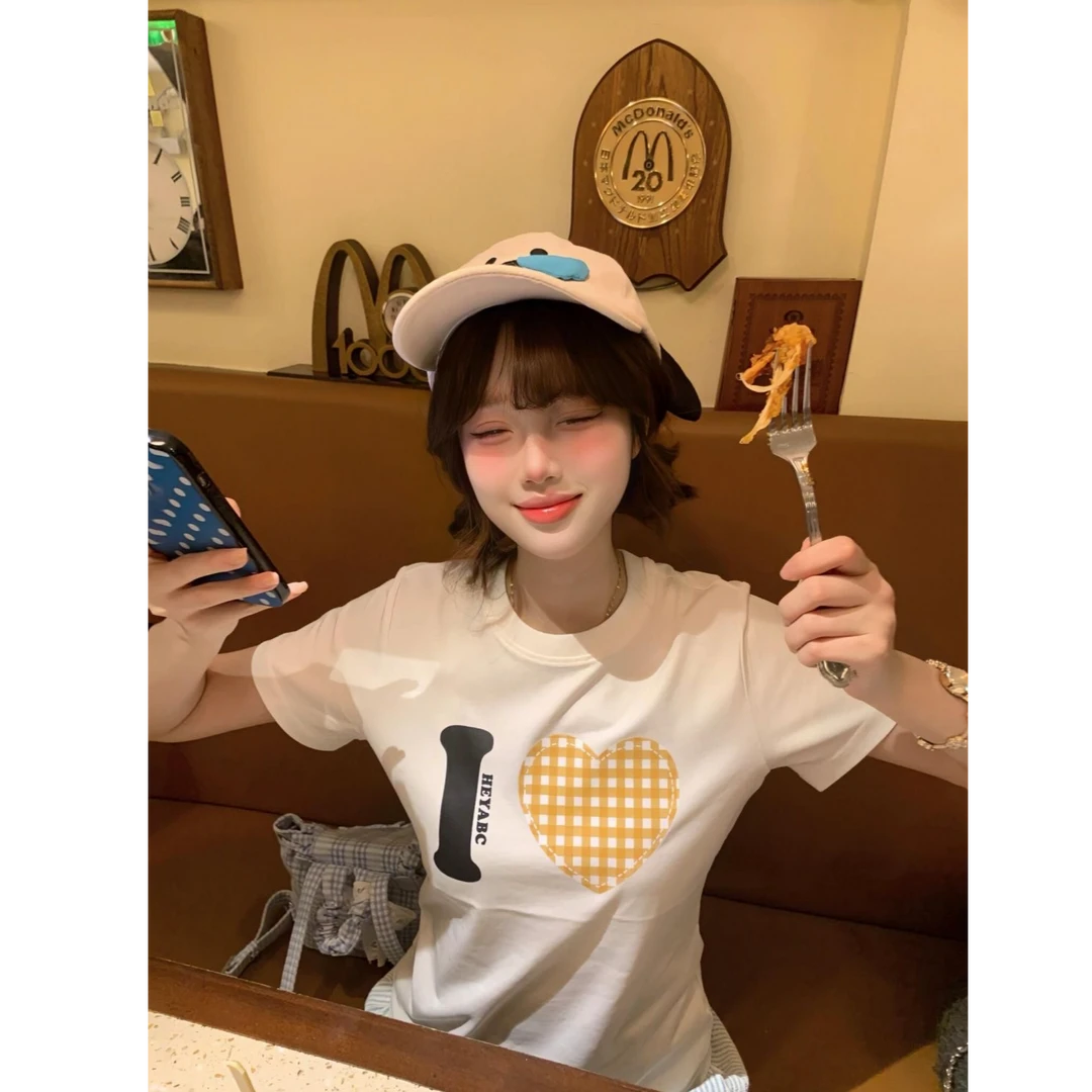 【UBKA】美式正肩短袖t恤女夏季格子爱心字母修身学院风显瘦上衣ins