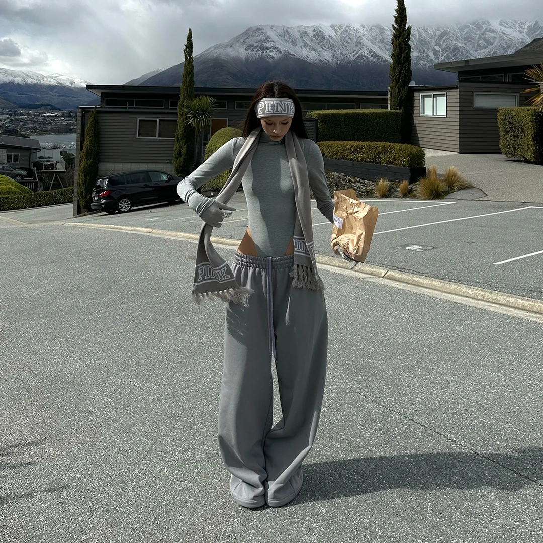 纯欲辣妹性感灰色长袖T恤女秋季修身显瘦连体上衣百搭休闲阔腿裤