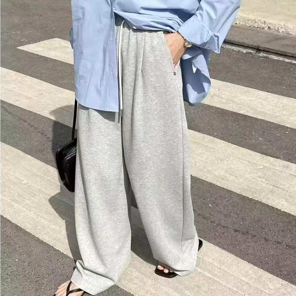 25602#春季新款小标高腰显瘦蕾丝花边抽绳直筒休闲裤女