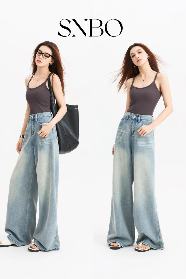 SNBO叁豹·莱赛尔天丝阔腿牛仔裤女2025年春夏薄款高腰显瘦宽松垂