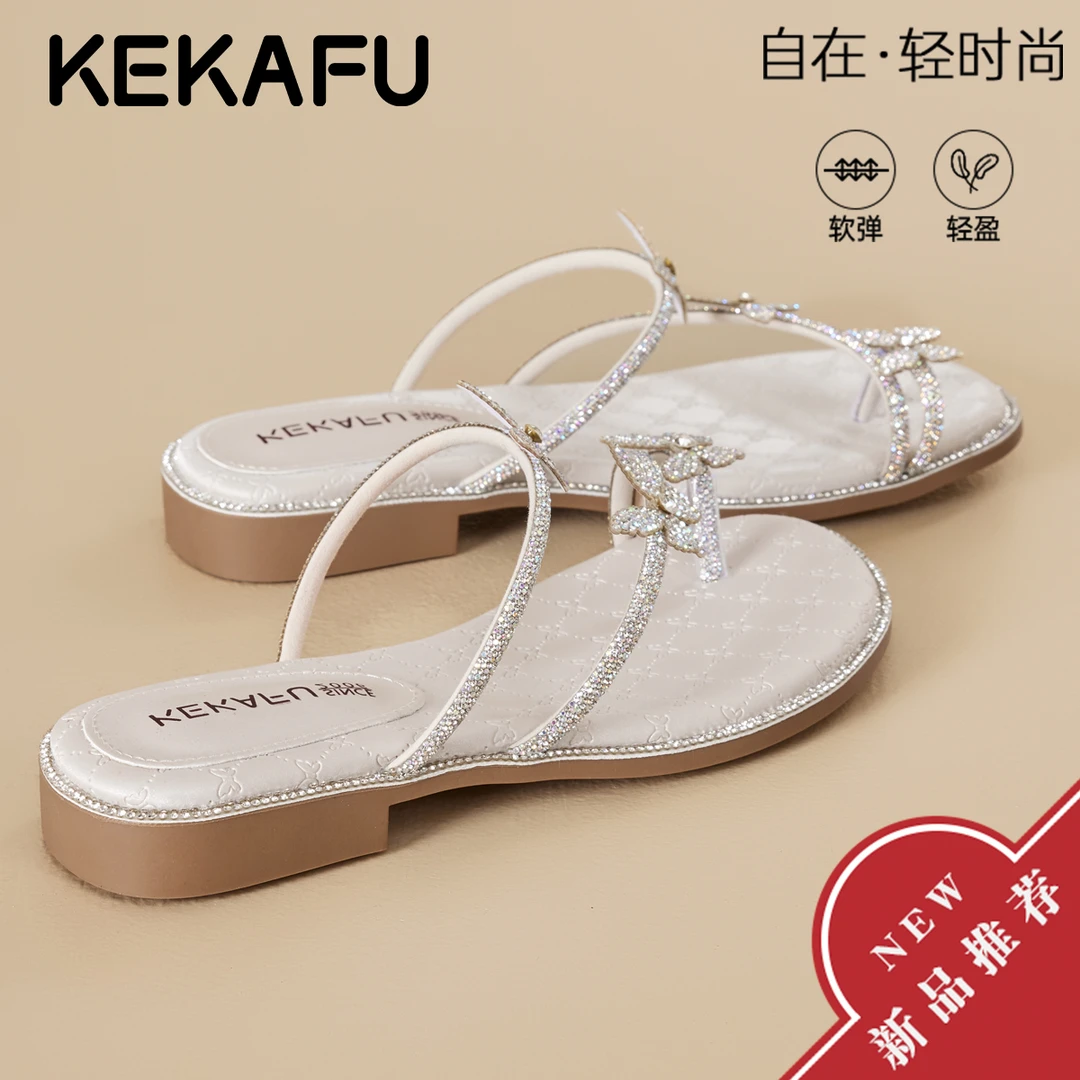 珂卡芙蝴蝶结凉拖鞋女夏季外穿2025新款配裙子海边沙滩水钻一字拖