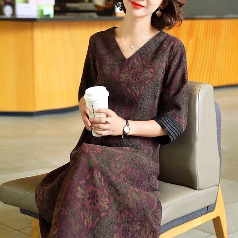 2025夏季时尚浪漫大牌杭州香云纱中袖连衣裙女气质阔太太气质装