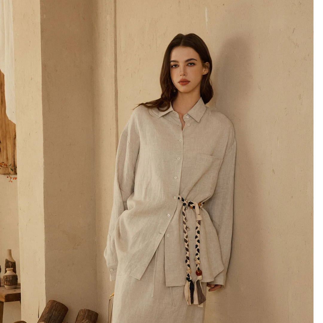 鸦麻 天然亚麻流动廓形纸片人显瘦百搭衬衫
