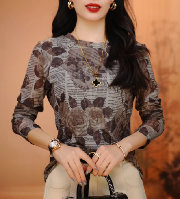 新款肌肤网纱上衣小衫透气双层高级百搭套头洋气