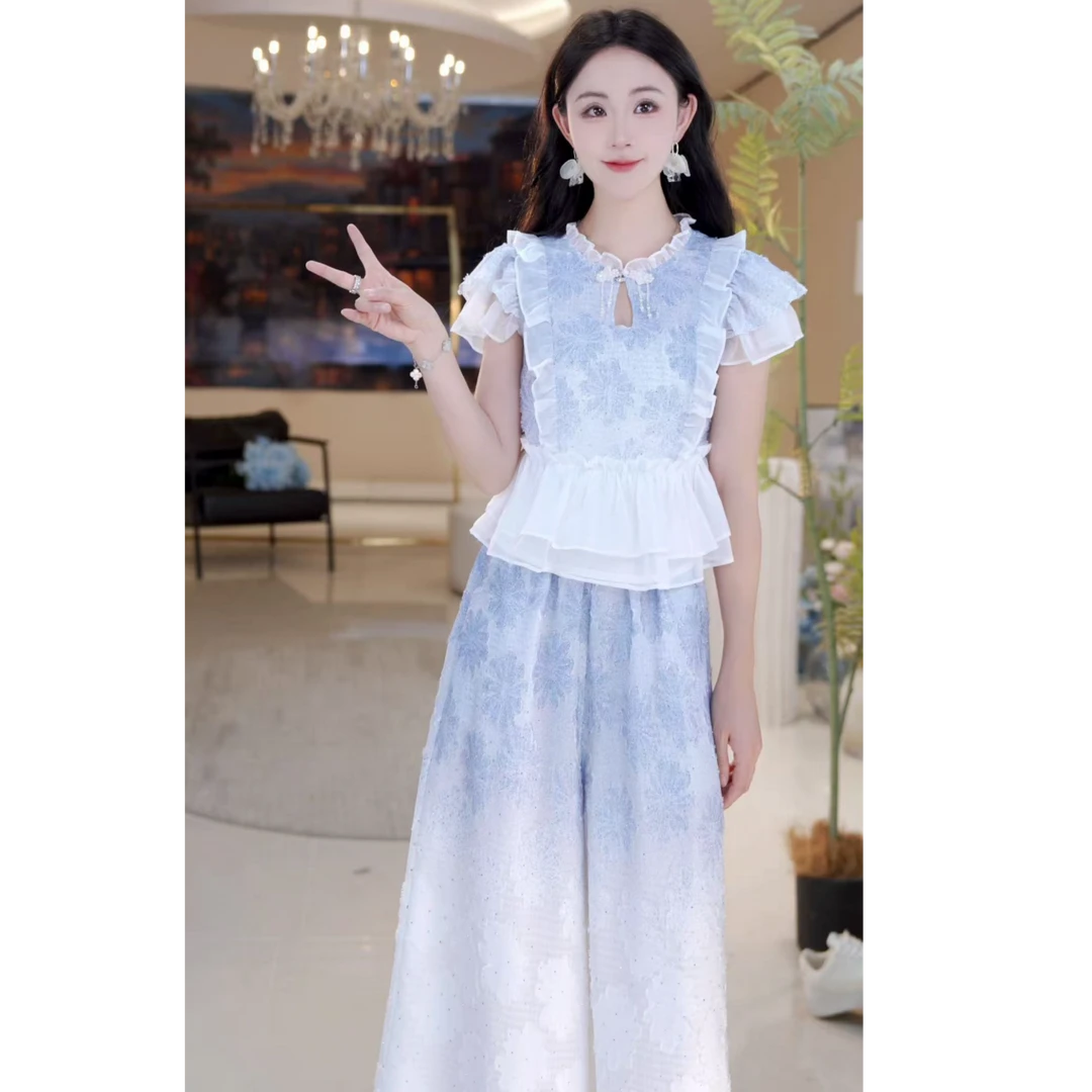 【北栀】时尚国风水滴领长裤套装814695+814696+814697