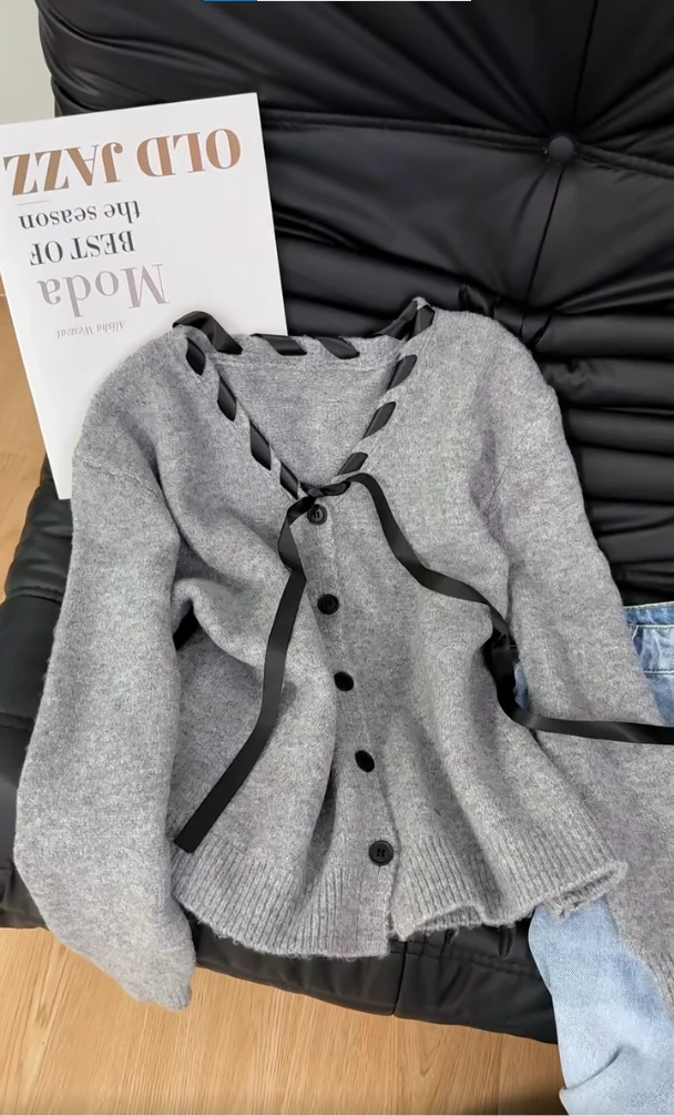 2025秋季女装小香风蝴蝶系带毛衣开衫韩版法式气质温柔细闪针织衫