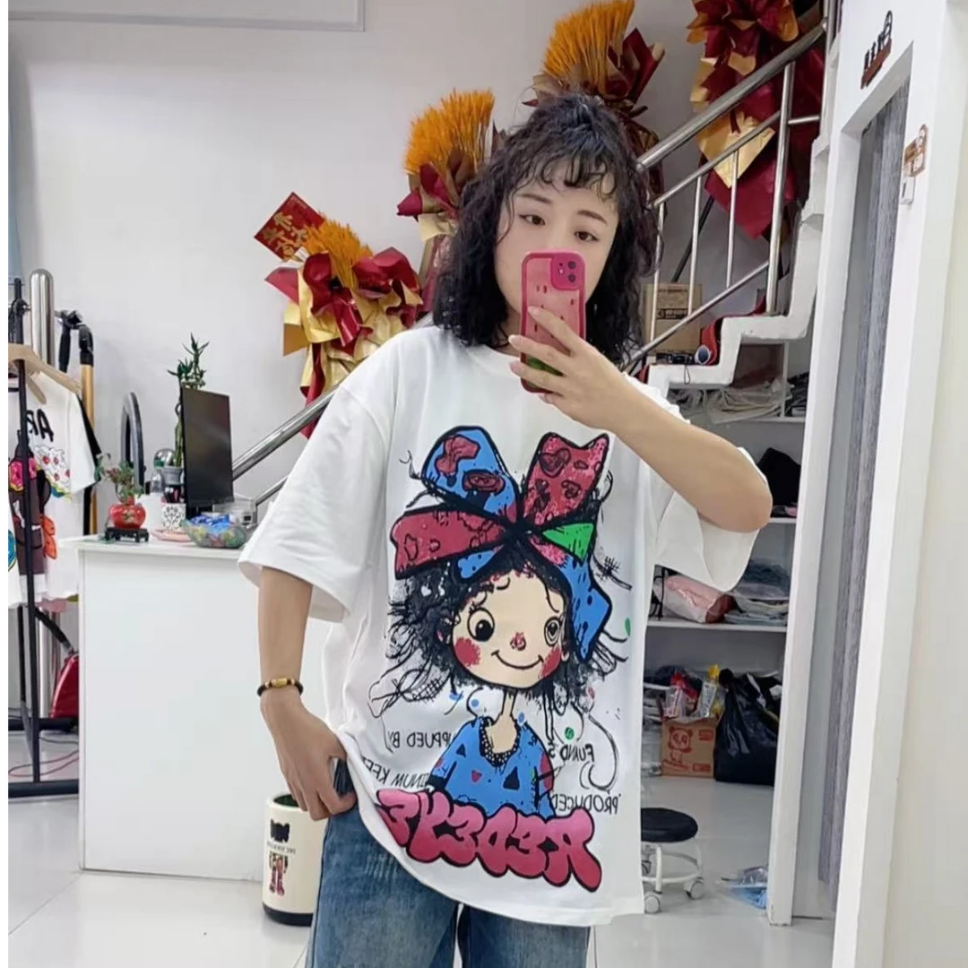 欧版12472时尚卡通蝴蝶结小美女短袖T-0510