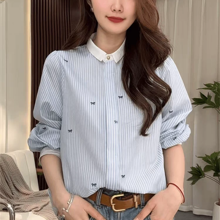 2025新款复古撞色翻领条纹印花蝴蝶结长袖衬衫设计感时尚洋气衬衣