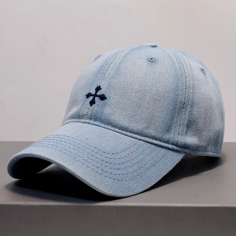 女士休闲百搭十字绣花水洗蓝色软顶鸭舌帽春夏出游遮阳帽帽子