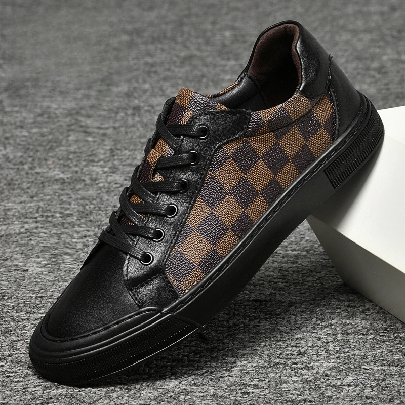 欧美潮流格子板鞋男软底真皮春季大牌时尚休闲鞋英伦百搭平底男鞋