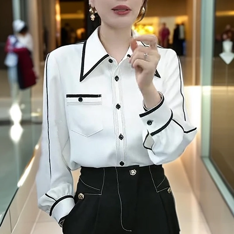 韩系白色翻领职业衬衫女2025春季新款气质通勤高级感穿搭长袖衬衣