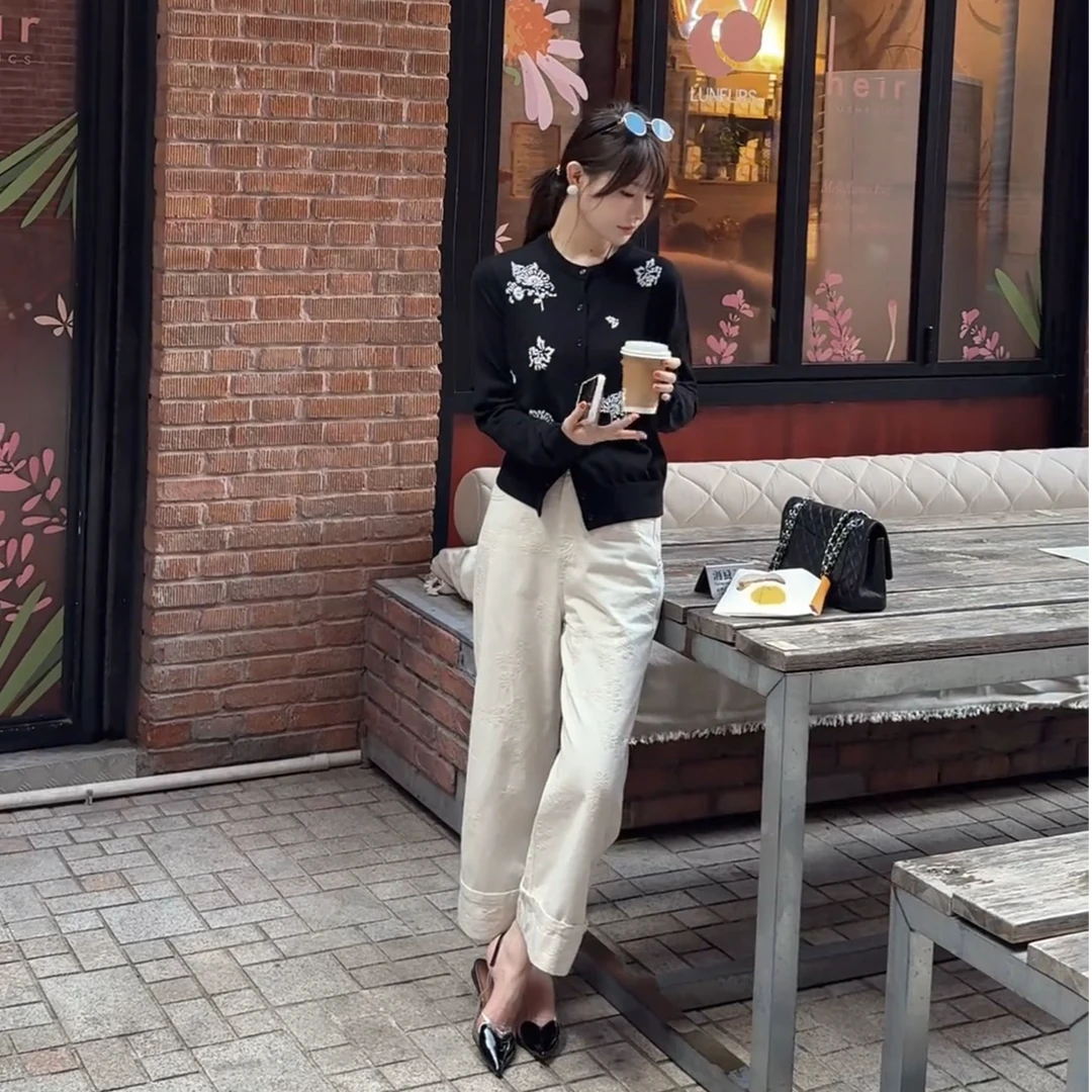 2025早秋新款女高级感黑色针织开衫毛衣外套休闲百搭显瘦阔腿裤子