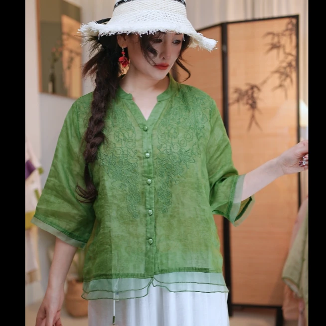 942 100苎麻风夏季气质苎麻衬衫文艺提花国风款复古时宽松