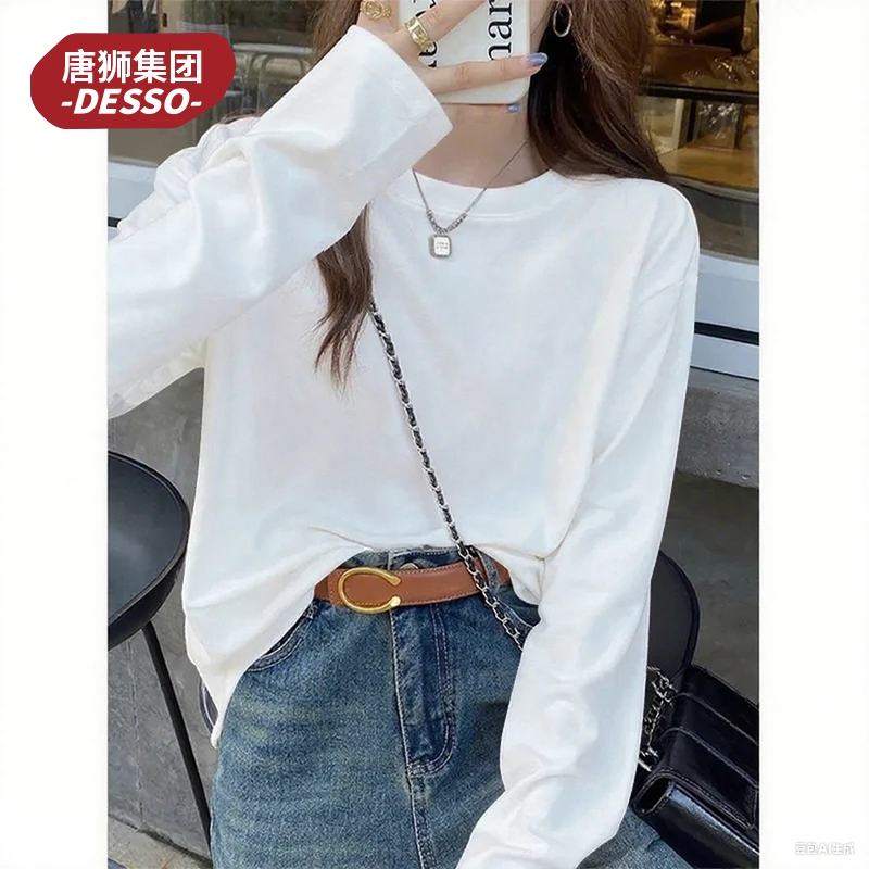 唐狮集团DESSO白色长袖t恤女2025新款春秋季薄款纯棉体恤打底上衣