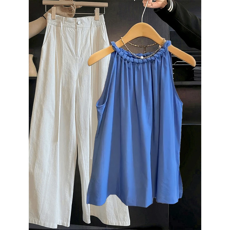 显瘦修身洋气韩系编织麻花后背绑带无袖背心衬衫女夏季高级感上衣