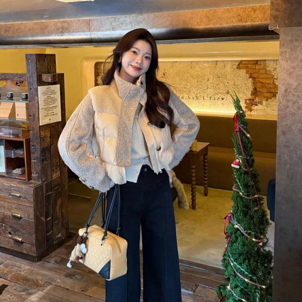 【陪你过冬】冬季韩系立领白鸭绒羽绒服女加厚保暖拼接羊羔毛外套