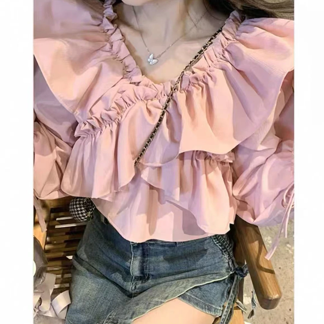 婷婷家法式荷叶一字肩衬衫春季新款长袖衬衣独特别致小个子上衣