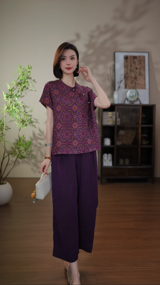 GONG QUE【紫 八达晕】新中式桑蚕丝香云纱圆领斜襟短袖上衣 3177