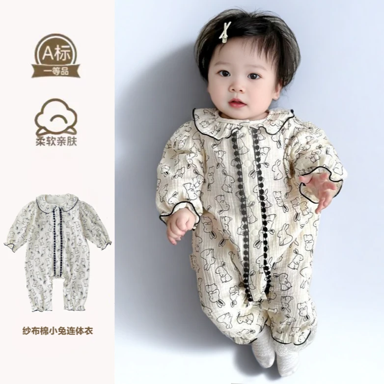 萌宝春秋装外出衣婴幼儿长袖纯棉连体衣新生儿薄款满月哈衣爬服
