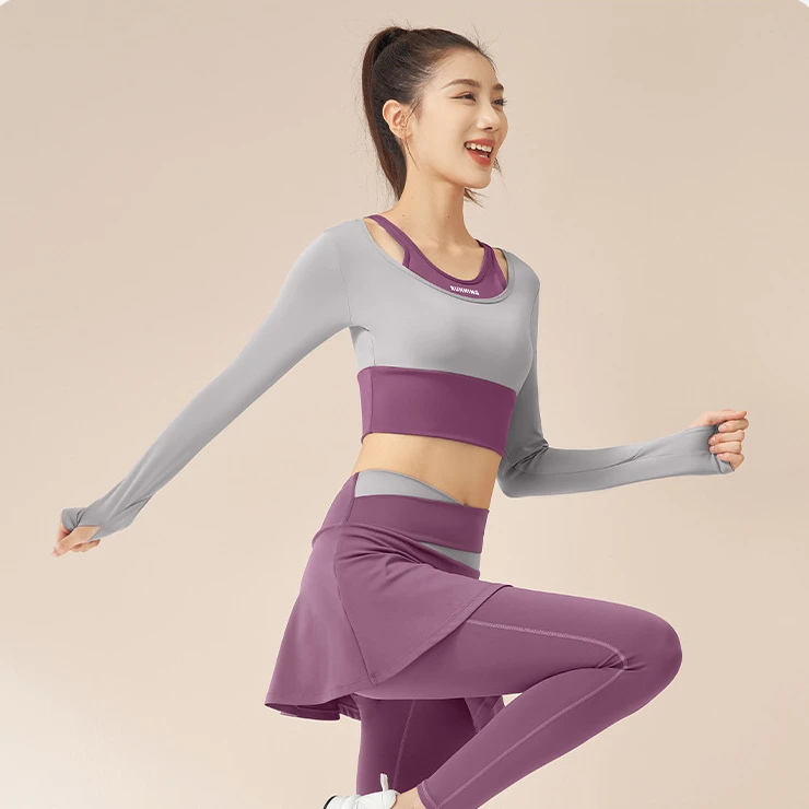 【L1】裸感高弹拼色假两件瑜伽裙裤速干瑜伽服女