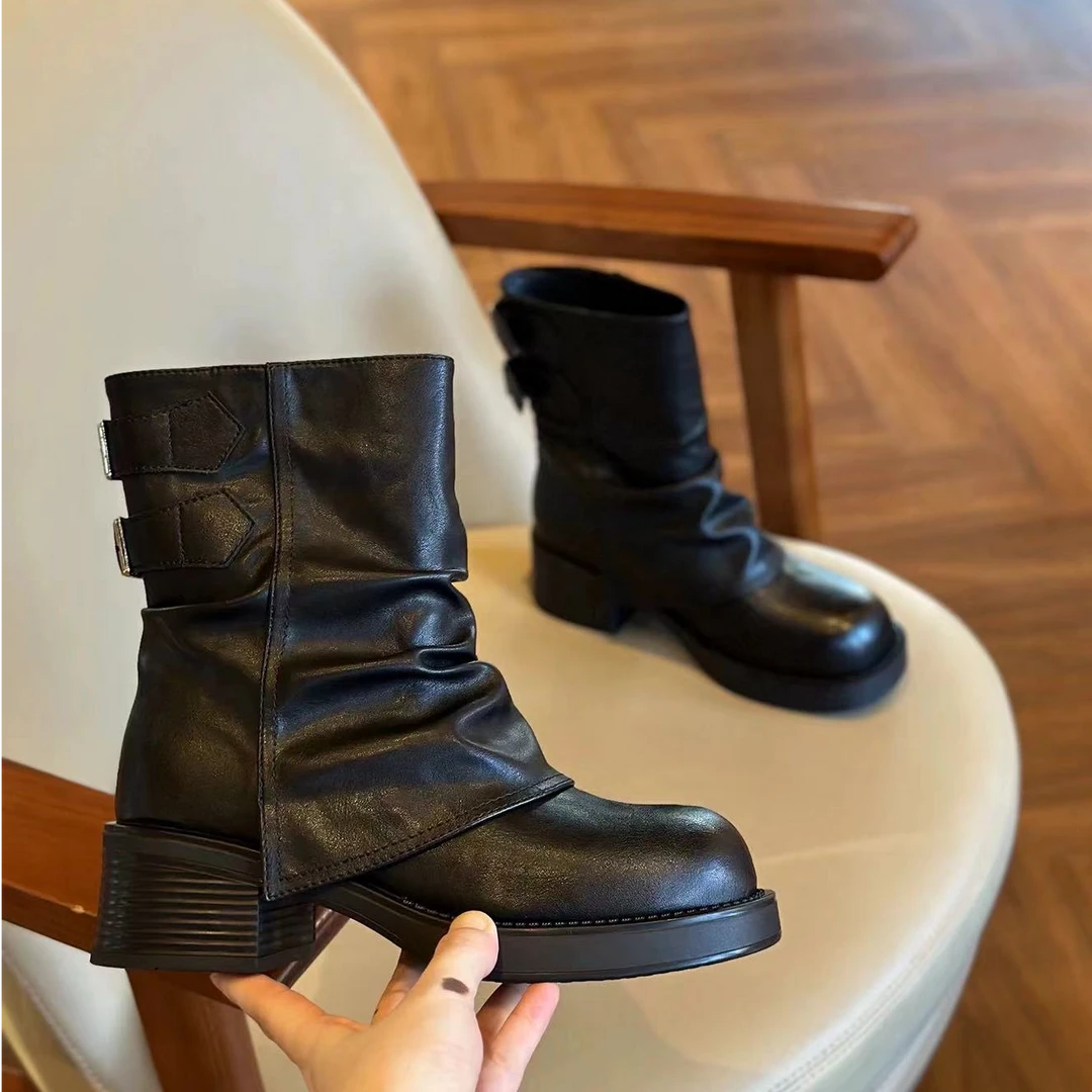 1L秋冬新款韩版通勤瘦瘦简约粗跟裸靴短靴566-1(加绒)